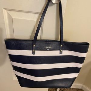 Cole Haan large leather tote, navy and white striped